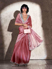 Pink colored shimmer chiffon saree with embellished border