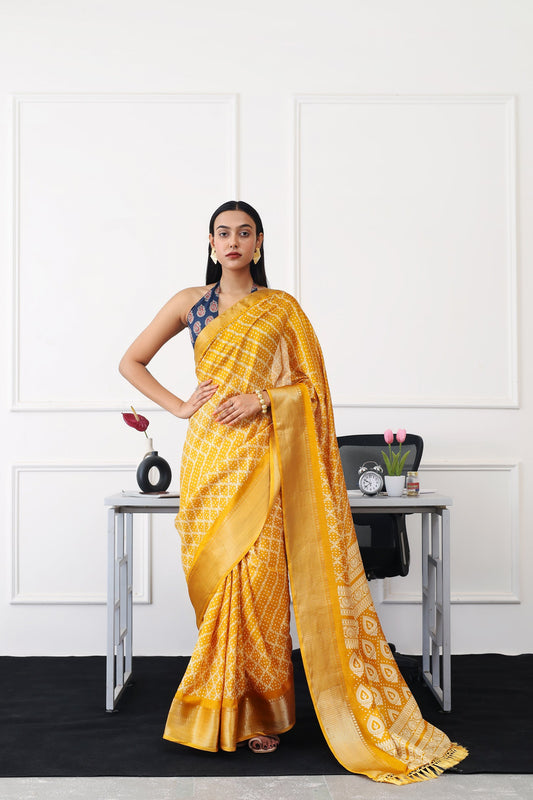 Ready to wear mustard colored printed poly cotton saree