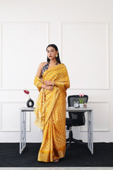 Ready to wear mustard colored printed poly cotton saree