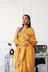 Ready to wear mustard colored printed poly cotton saree