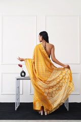 Ready to wear mustard colored printed poly cotton saree