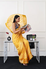 Ready to wear mustard colored printed poly cotton saree