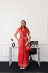 Ready to wear red colored printed poly cotton saree