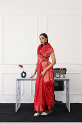 Ready to wear red colored printed poly cotton saree