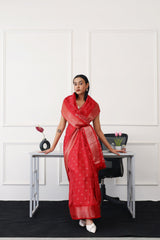 Ready to wear red colored printed poly cotton saree