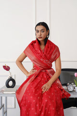 Ready to wear red colored printed poly cotton saree