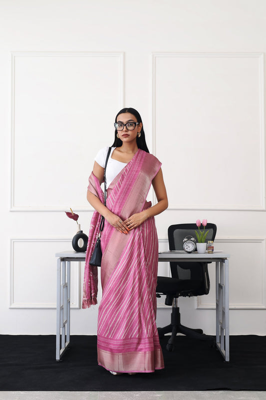 Ready to wear pink colored printed poly cotton saree