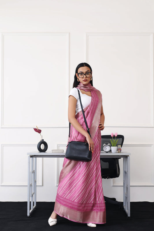 Ready to wear pink colored printed poly cotton saree