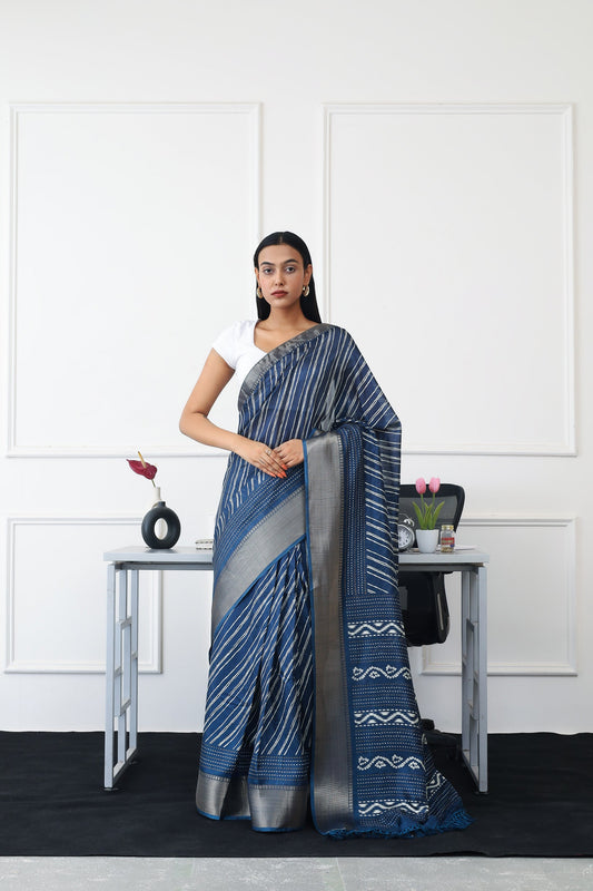 Ready to wear blue colored printed poly cotton saree