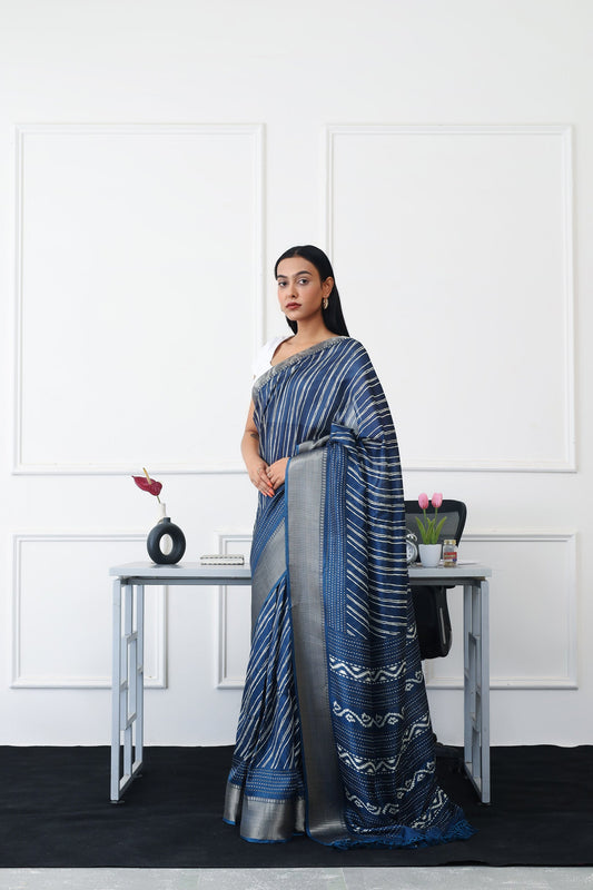 Ready to wear blue colored printed poly cotton saree