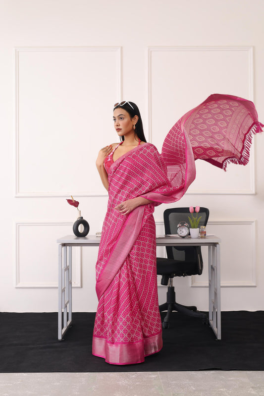 Ready to wear pink colored printed poly cotton saree