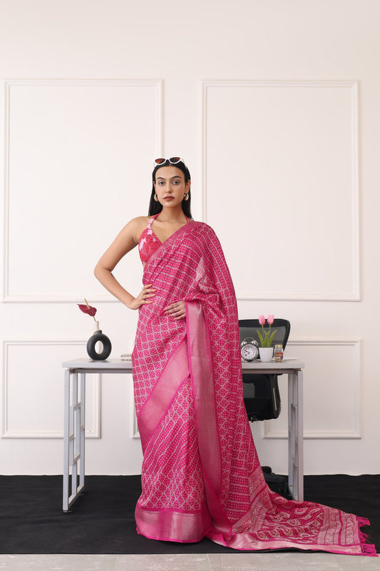 Ready to wear pink colored printed poly cotton saree