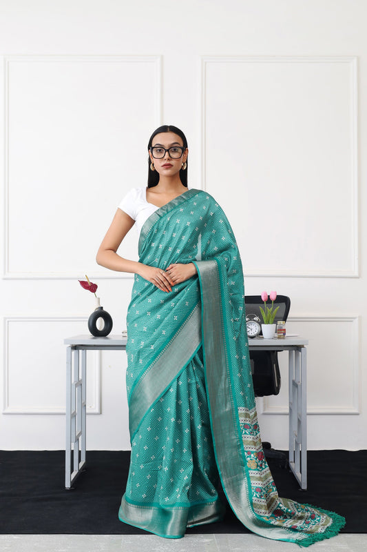 Ready to wear green colored printed poly cotton saree