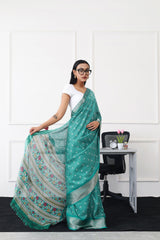 Ready to wear green colored printed poly cotton saree