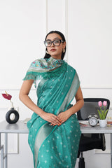 Ready to wear green colored printed poly cotton saree