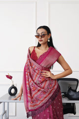 Ready to wear magenta colored printed poly cotton saree