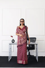 Ready to wear magenta colored printed poly cotton saree