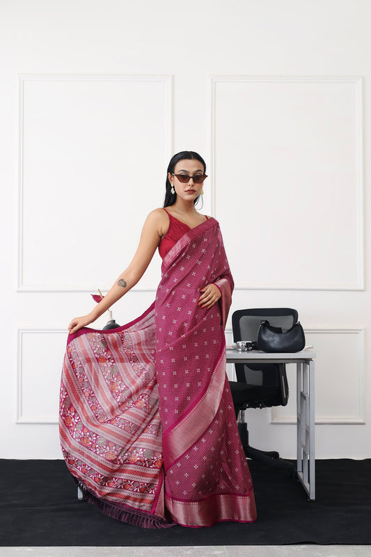 Ready to wear magenta colored printed poly cotton saree