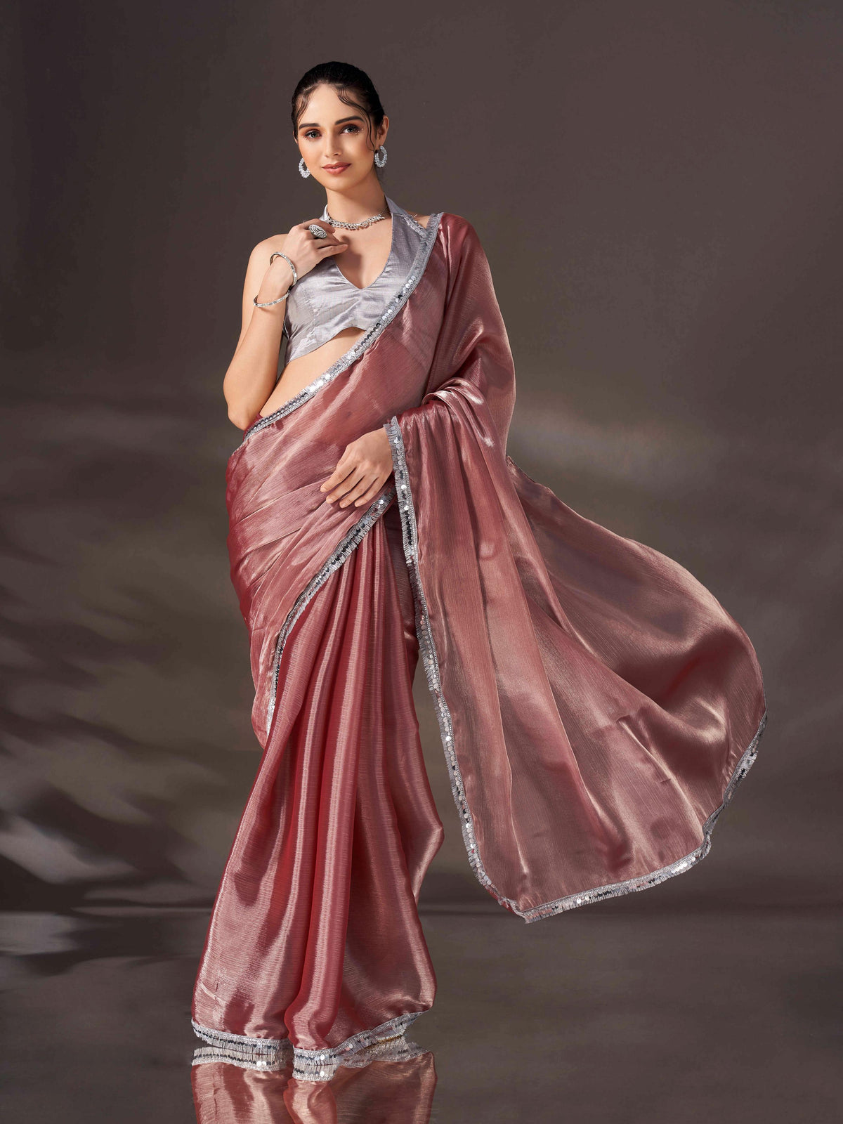 Metallic colored shimmer satin chiffon saree with embellished lace