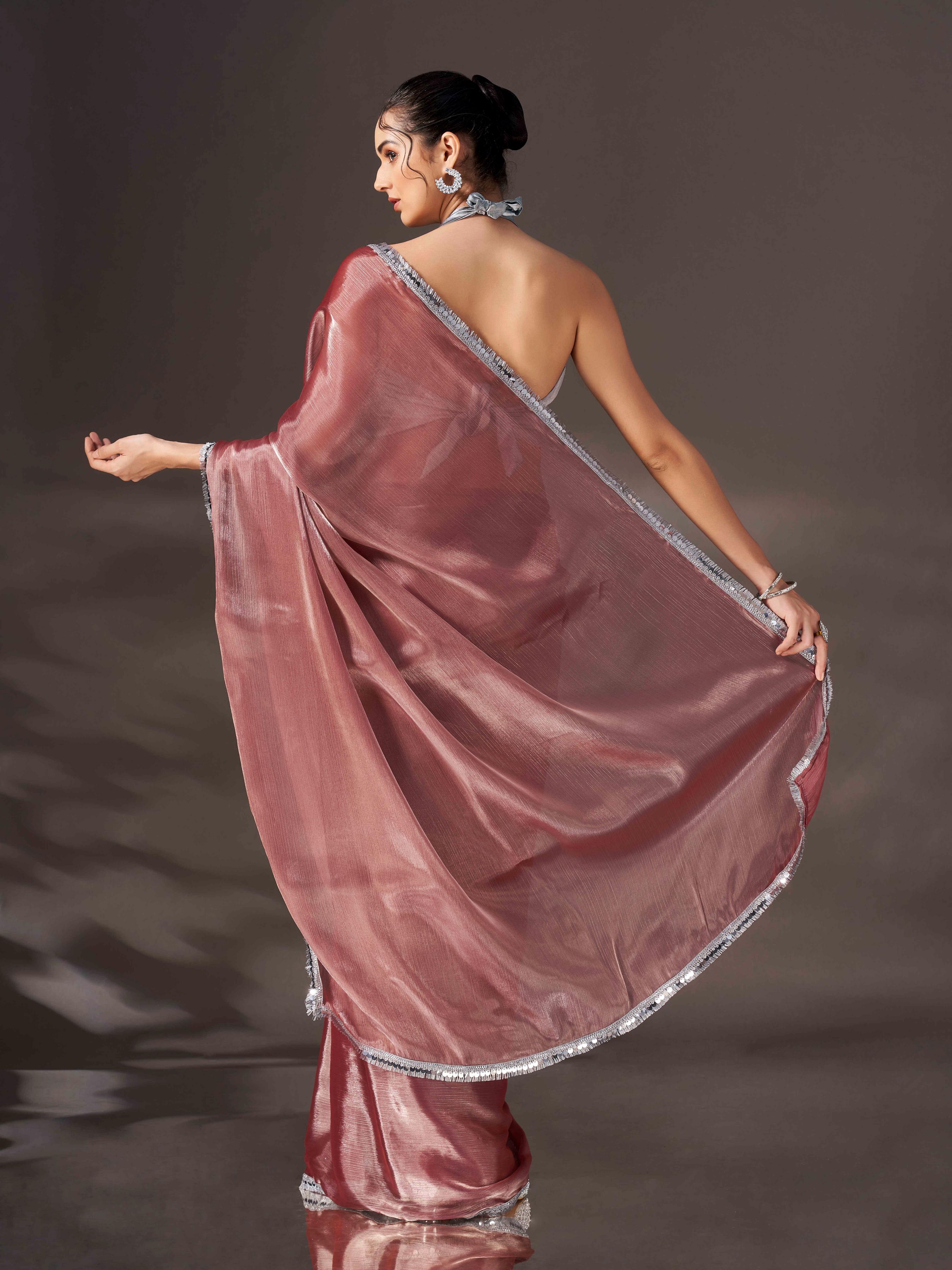 Metallic colored shimmer satin chiffon saree with embellished lace