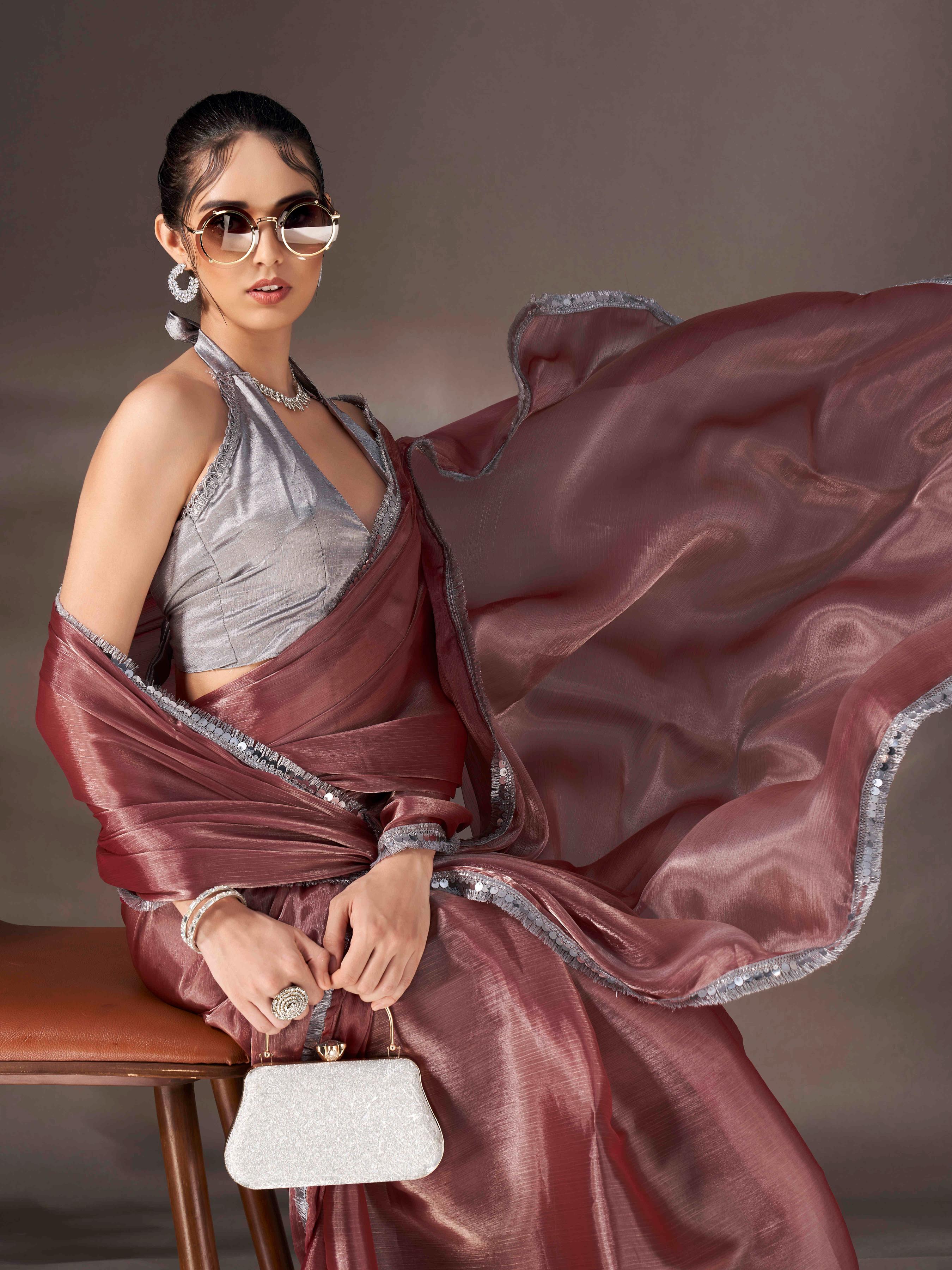 Metallic colored shimmer satin chiffon saree with embellished lace