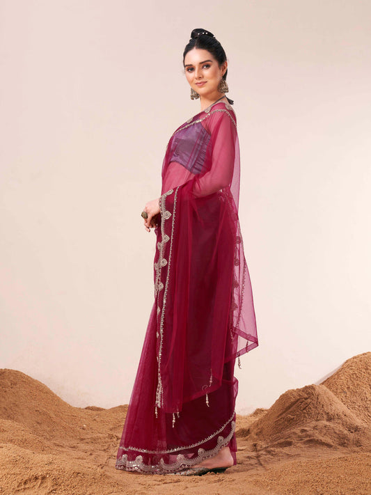 Maroon colored net embroidered saree