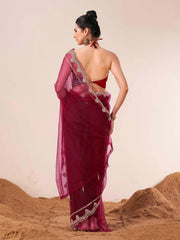 Maroon colored net embroidered saree