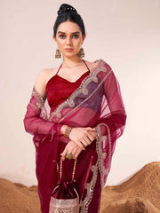 Maroon colored net embroidered saree