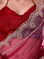 Maroon colored net embroidered saree