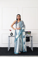 Ready to wear blue colored digital animal printed poly cotton saree with pompom lace