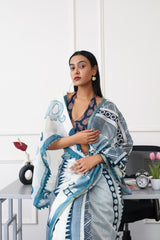 Ready to wear blue colored digital animal printed poly cotton saree with pompom lace