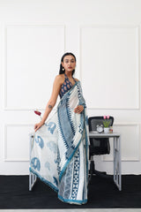 Ready to wear blue colored digital animal printed poly cotton saree with pompom lace