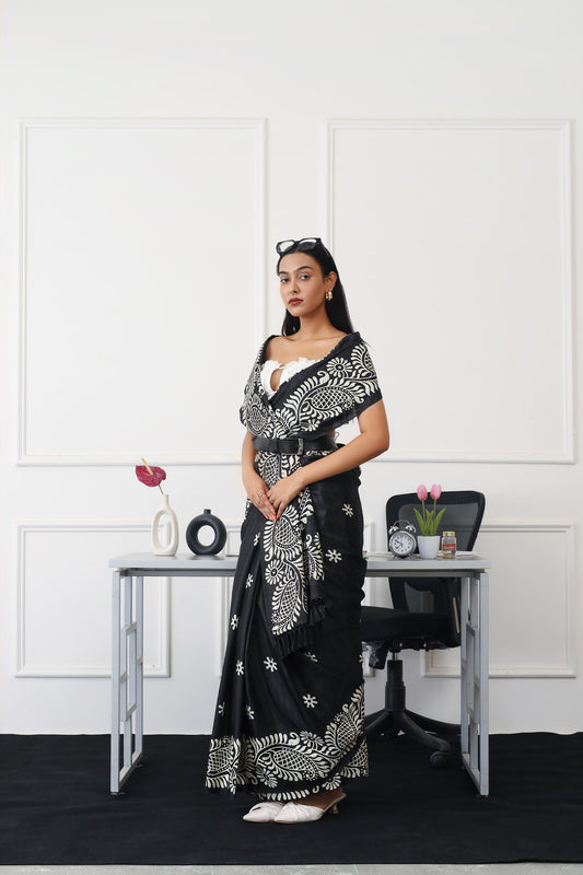 Ready to wear black colored printed satin saree