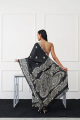 Ready to wear black colored printed satin saree