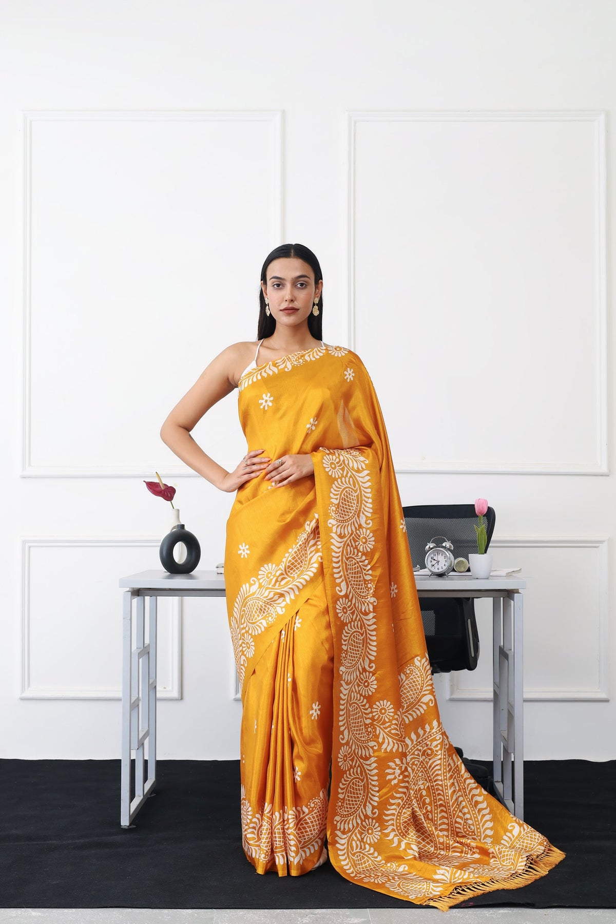 Ready to wear mustard colored printed satin saree