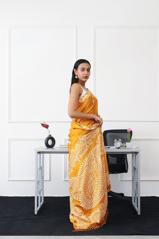 Ready to wear mustard colored printed satin saree