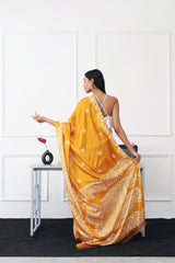 Ready to wear mustard colored printed satin saree