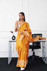 Ready to wear mustard colored printed satin saree