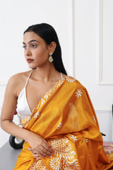 Ready to wear mustard colored printed satin saree