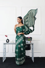 Ready to wear green colored printed satin saree