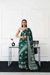 Ready to wear green colored printed satin saree