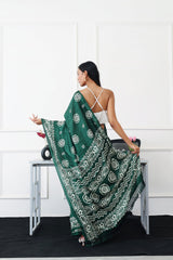 Ready to wear green colored printed satin saree