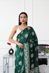 Ready to wear green colored printed satin saree