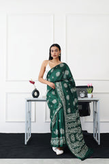 Ready to wear green colored printed satin saree