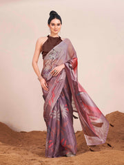 Metallic brown colored digital printed shimmer chiffon saree with tassles on pallu