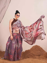 Metallic brown colored digital printed shimmer chiffon saree with tassles on pallu