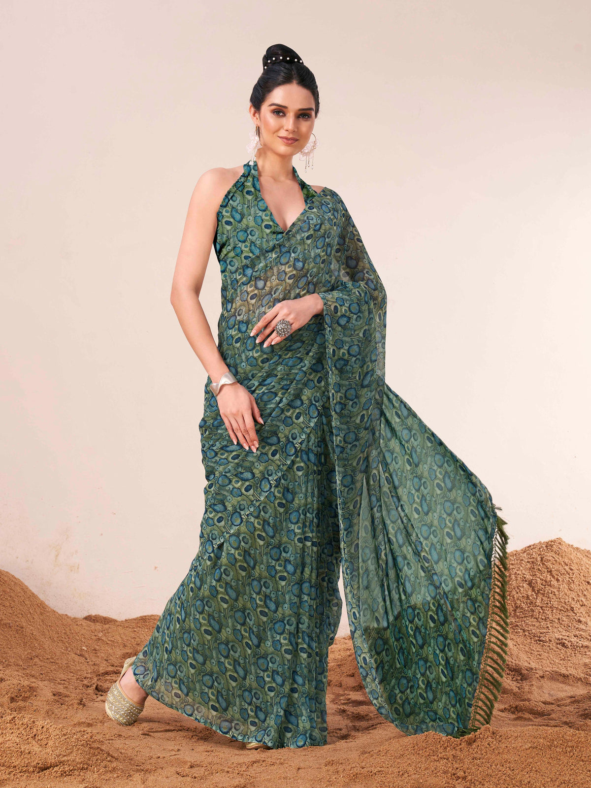 Ready to wear blue and green colored printed poly georgette saree