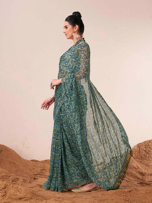 Ready to wear blue and green colored printed poly georgette saree