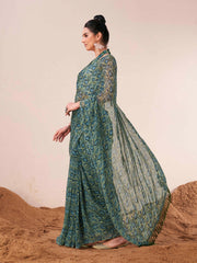 Ready to wear blue and green colored printed poly georgette saree