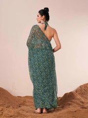 Ready to wear blue and green colored printed poly georgette saree